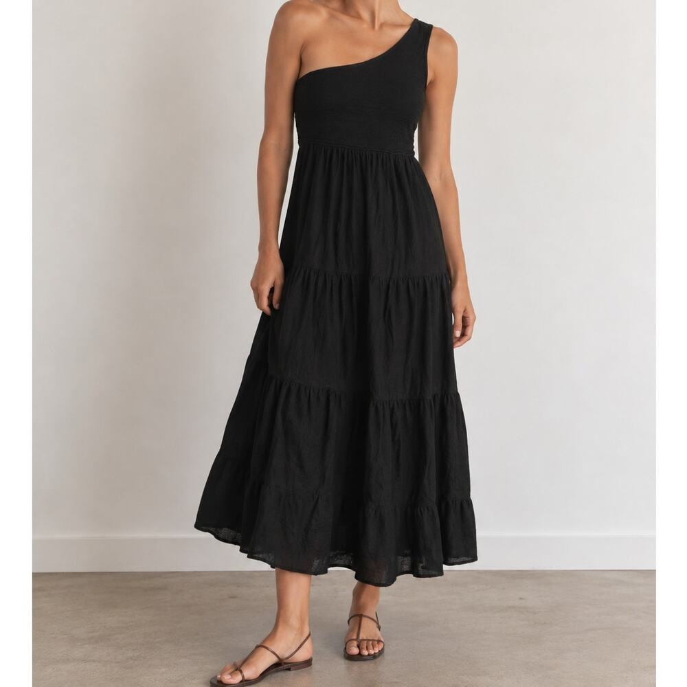 ZCsia Black One Shoulder Midi Maxi Dress Tiered Ruffle Large Rayon Boho Cottage